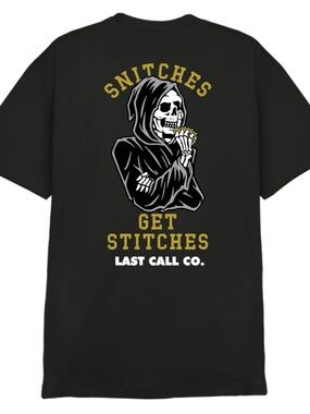 Last Call Co Snitches Get Stitches Skeleton Graphic T-Shirt Short Sleeve Men’s S